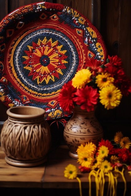 Arrange a Martisor festival object next to a piece of Romanian pottery