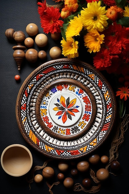 Arrange a martisor festival object next to a piece of romanian pottery