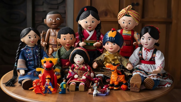사진 다양한 문화와 민족을 대표하는 장난감을 배열하고 다양성을 축하하는 어린이 놀이