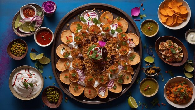 Arrange a visually appealing platter with a generous serving of papri chaat Capture the dish from a