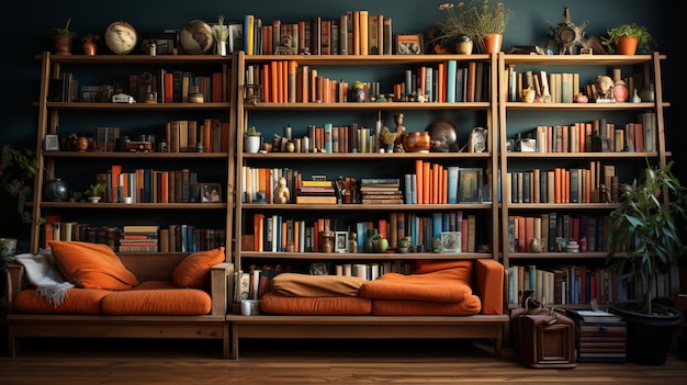 Arranged bookshelves in a beautiful room Generative Ai