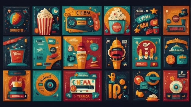 Photo arranged cinema items including popcorn and 3d glasses on grey