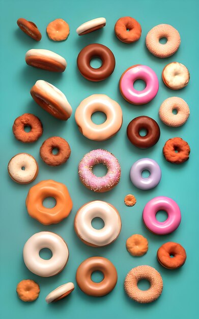 Arranged donuts flat lay in pastel background ai generated