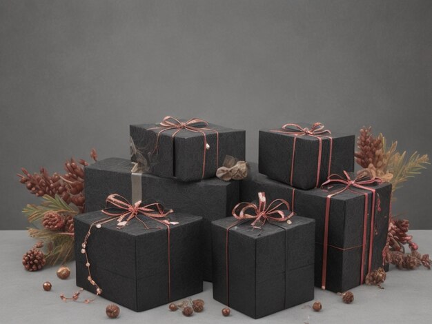 Arranged Gifts boxes wrapped in black paper with golden ribbon on black background Black friday or C