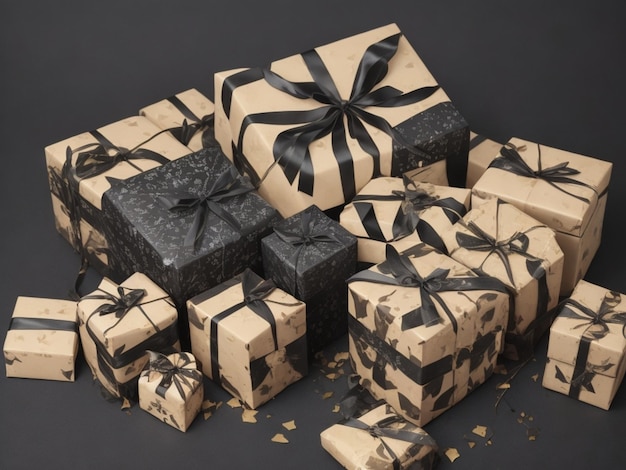 Arranged Gifts boxes wrapped in black paper with golden ribbon on black background