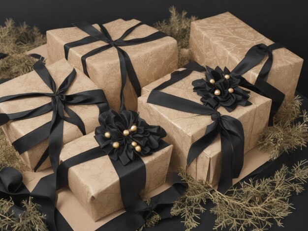 Arranged Gifts boxes wrapped in black paper with golden ribbon on black background