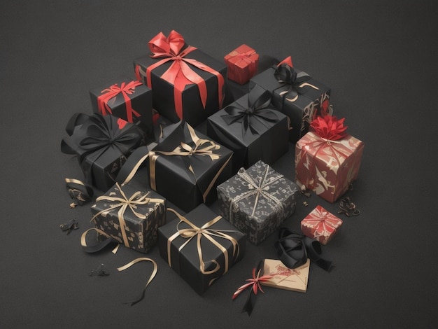 Arranged Gifts boxes wrapped in black paper with golden ribbon on black background