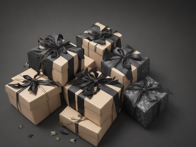 Photo arranged gifts boxes wrapped in black paper with golden ribbon on black background