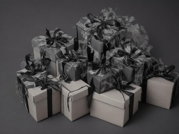 Photo arranged gifts boxes wrapped in black paper with golden ribbon on black background