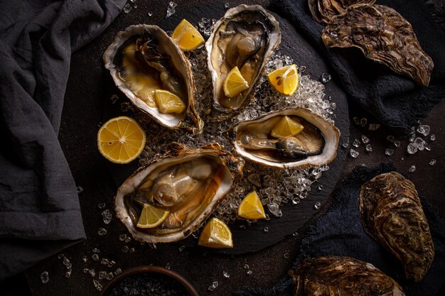 Arranged oysters in black slate board