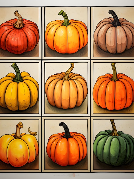 Arranged on shelves of various shapes pumpkins illustration pumpkin as a dish of thanksgiving for the harvest