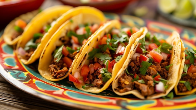 Arrangeer de taco's netjes in rijen op een kleurrijke bord voor een levendige presentatie Alternatief stapel de tacos bovenop elkaar in een piramidevorm voor een visueel aantrekkelijke weergave