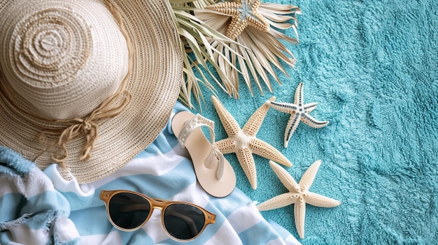 An arrangement of beach accessories in a flat lay including a sun hat sunglasses and a beach towe