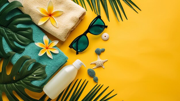 An arrangement of beach essentials in a flat lay including a towel sunscreen and sunglasses crea