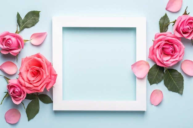 Arrangement of beautiful roses. White paper frame on blue pastel background. Mothers day, Valentines Day, Birthday Greeting card.