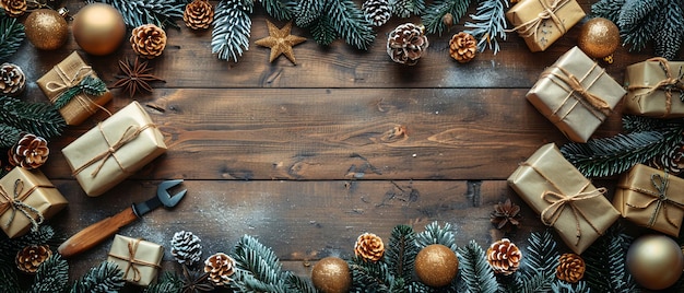クリスマスのプレゼントと巻物の並べ替え 破損した木製のテーブルの上で自家製の新年装飾の準備 冬の休日のコンセプト トップビュー