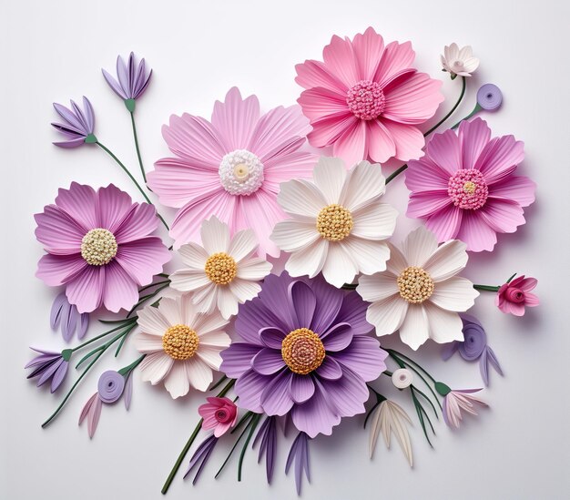 An arrangement of cosmos in the style of 3D paper flowers pastel retro colors white background Generative AI