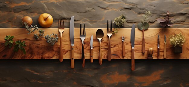 Photo arrangement of cutlery on a wooden board in a rustic style