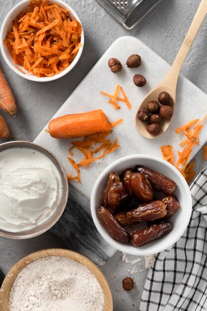 Photo arrangement of delicious healthy dessert with carrot