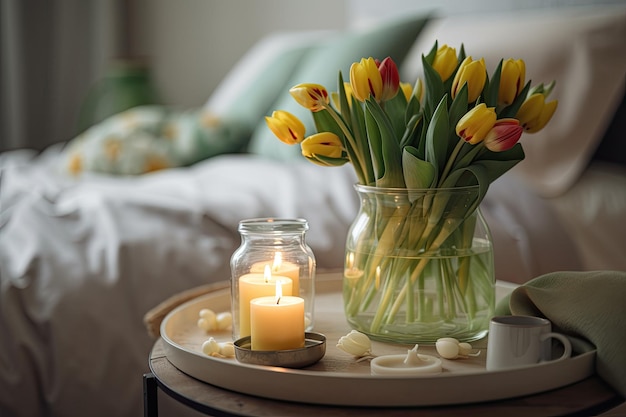 Arrangement done at home featuring candles and a bouquet of tulips in a glass vase