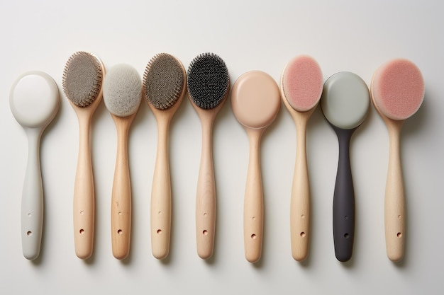 Arrangement of facial cleansing brushes on a light grey background capturing a flat lay composition