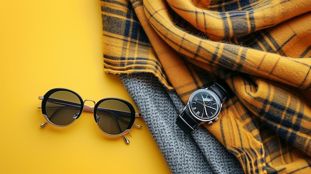 An arrangement of fashion accessories in a flat lay featuring sunglasses a watch and a scarf sho