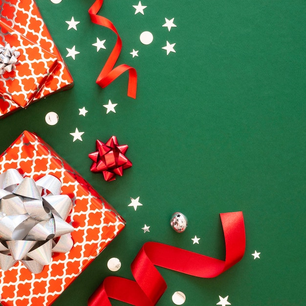 arrangement of festive wrapped gifts with copy space