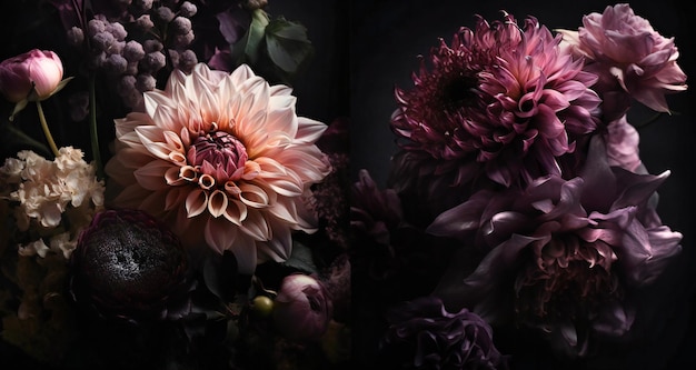 An arrangement of flowers on a black background