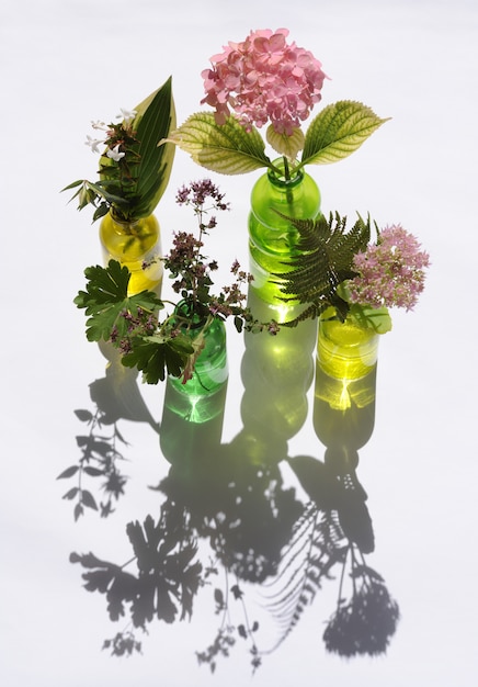 Arrangement of flowers and leaves