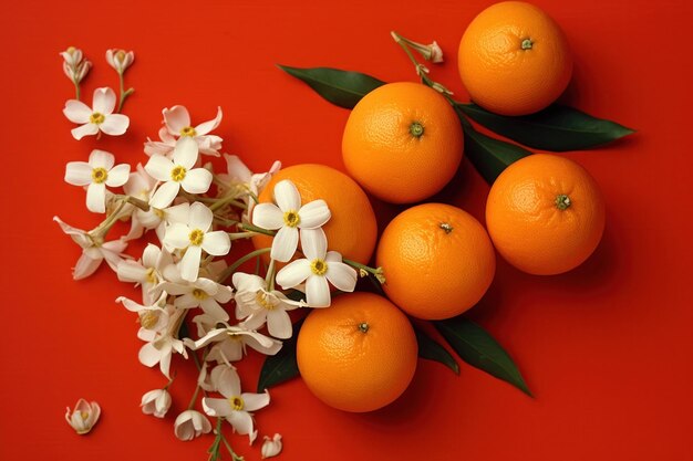 An arrangement of flowers and oranges on red background