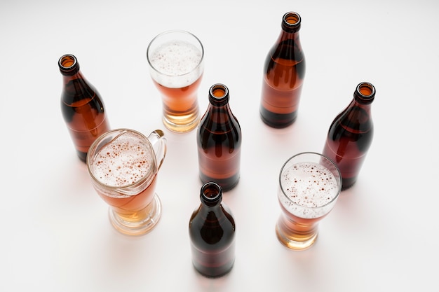 Arrangement of glasses and bottles of beer