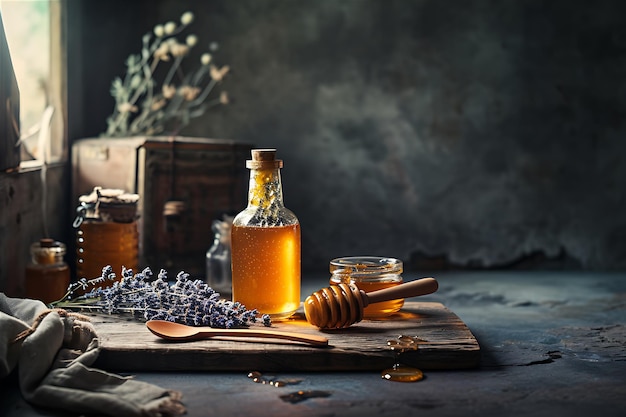 Arrangement of Honey Jars and Wooden Spoons