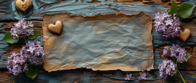 An arrangement of lilac flowers roses and paper greeting cards with two hearts Top view of rustic wooden planks