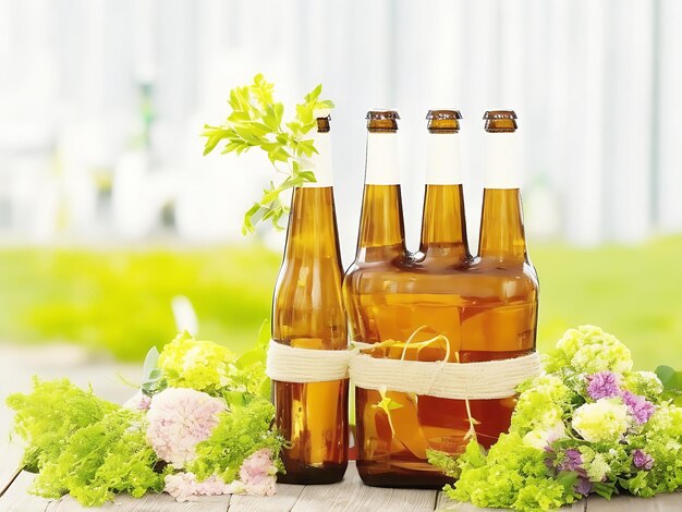 Foto arrangement met door ai gegenereerde bierpullen en flesjes
