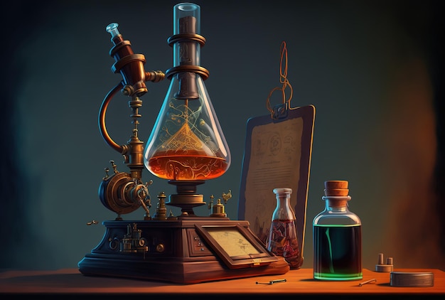 Arrangement of a microscope and an erlenmeyer flask