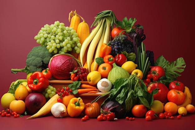 写真 鮮やかな色の背景にさまざまな果物や野菜を平らに配置