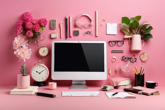 Arrangement of office elements on pink background ar c