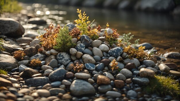 arrangement of pebbles on the banks of the river