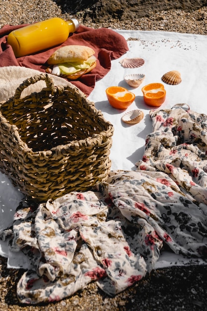 Photo arrangement of picnic goodies on a blanket