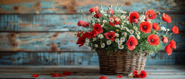 Photo an arrangement of poppies in a basket with a bouquet of daisies and fallen petals against a shabby wooden plank backdrop featuring a provence style