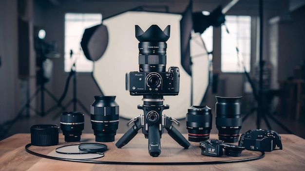 Arrangement of professional photographer equipment