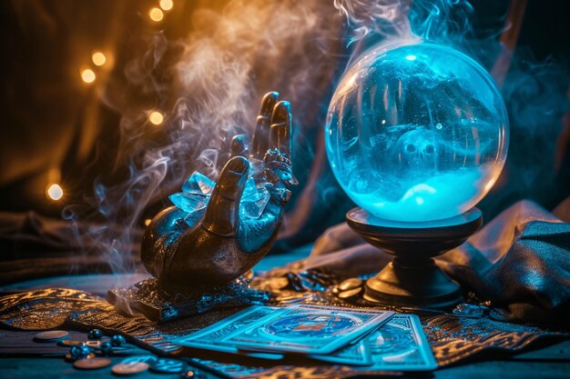 Foto una disposizione di elementi psichici tra cui una palla di cristallo a mano mistica e un mazzo di tarocchi che forma