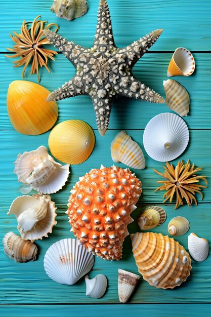 An arrangement of seashells and starfish on a blue background