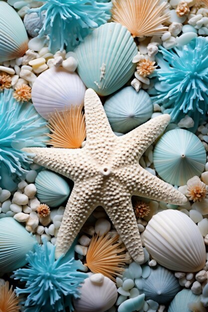 An arrangement of seashells and a starfish