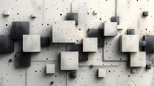 Расположение простых геометрических фигур, включая квадраты и кубики разных размеров в минималистическом и резком дизайне с монохроматическими тонами, идеально подходит для плакатов и отпечатков