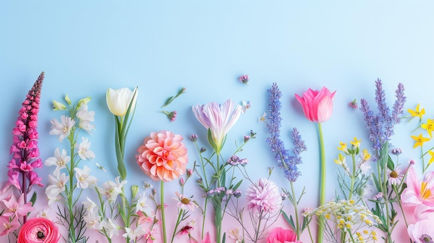 파스텔 색의 배경에 대한 봄 꽃의 배열 꽃이 피는 개념 평평한 배치