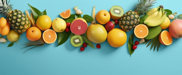 Arrangement tropical fruits blue background High quality ai generated image on white background