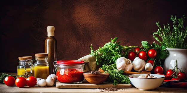 Foto disposizione degli utensili e degli ingredienti per cucinare a casa