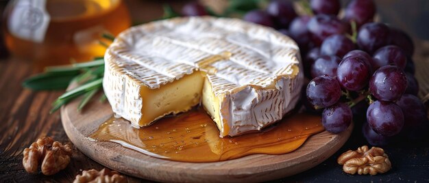 Arrangement van druiven honing walnoten en camembert kaas op een houten plank