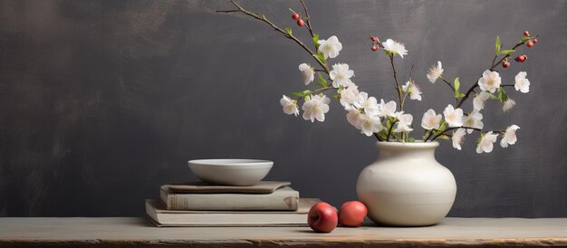 Arrangement van witte keramische kommen op een houten tafel met boeken en een vaas met bloemen